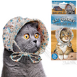 Cat Bonnet featuring a gray cat wearing a floral 100% cotton bonnet with satin lining, fitting most cats comfortably.