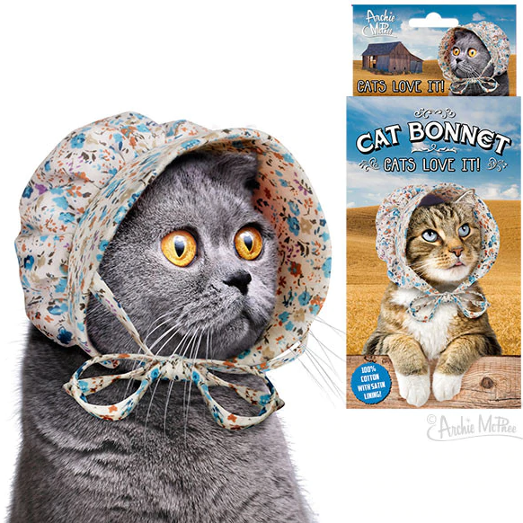 Cat Bonnet featuring a gray cat wearing a floral 100% cotton bonnet with satin lining, fitting most cats comfortably.
