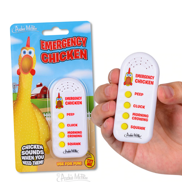Emergency Chicken electronic noisemaker with four chicken sounds including peep, cluck, morning crow, and squawk.