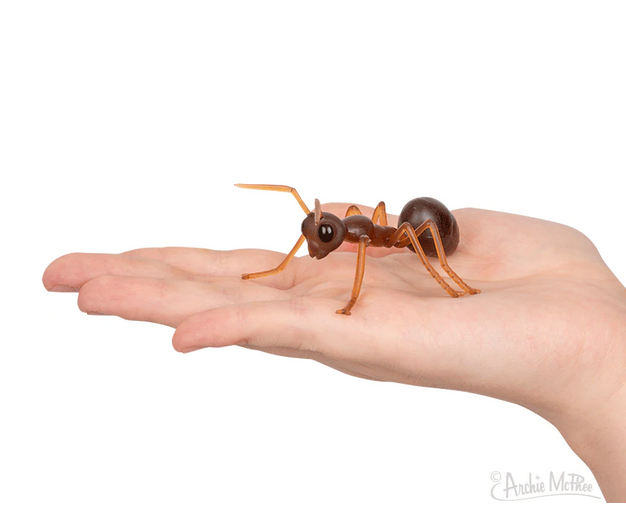 Ants! giant hard vinyl ant toy resting on a human hand showing size and detail for prank use.