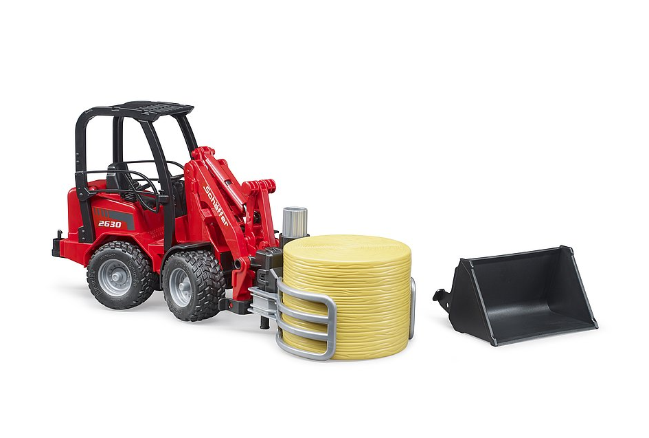 Schaffer Compact Loader with Hay model featuring articulated steering and bale gripper for realistic farm play.