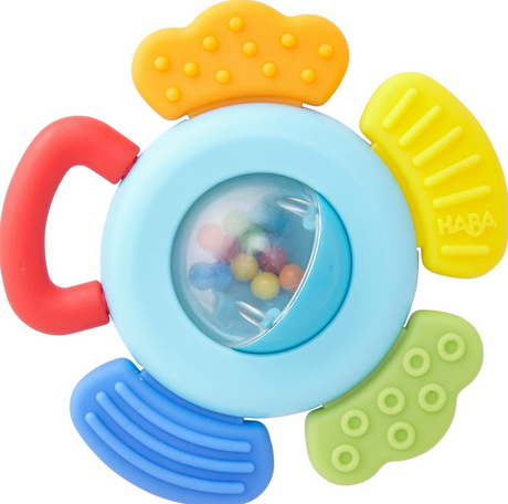 Blossom Rattle & Teething Toy with spinning bead ball and four textured teething elements for babies.