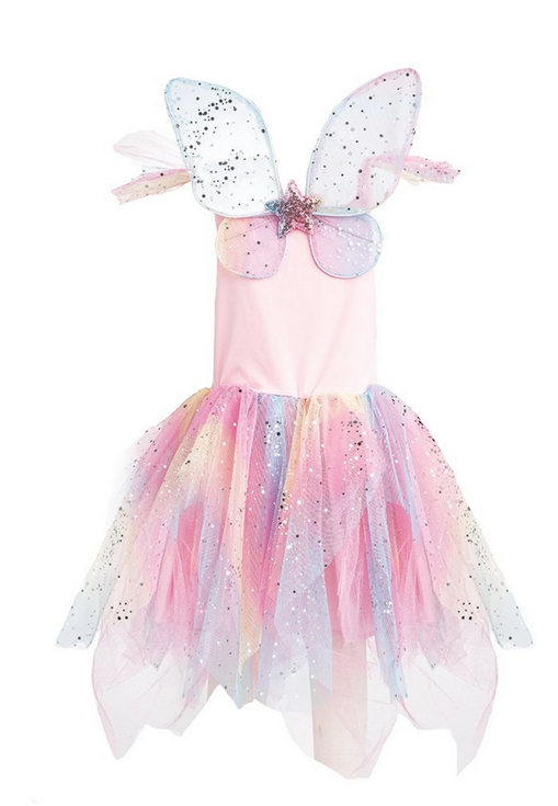 Rainbow Fairy Dress & Wings | Size 5-6 with pink top, layered rainbow sparkly skirt, and matching glittery fairy wings.