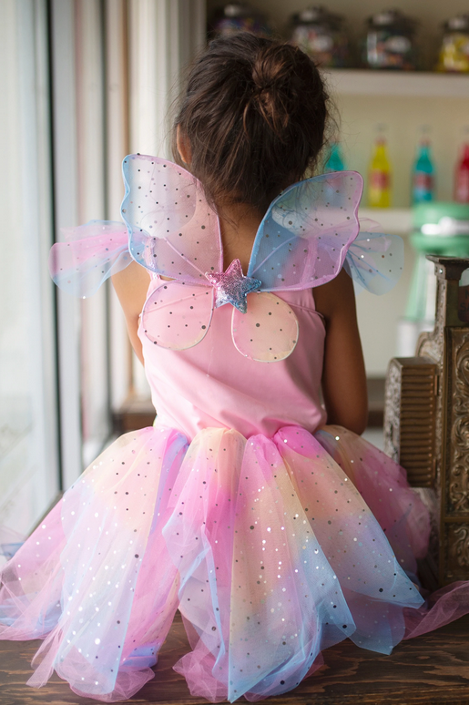 Rainbow Fairy Dress & Wings Size 5-6 with layered pastel skirt and rainbow mesh wings worn by child from the back.