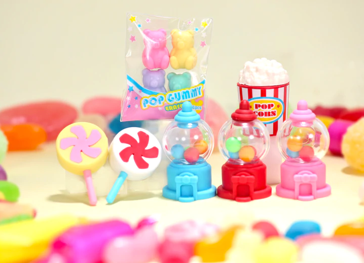 Japanese Eraser Candy featuring cute candy-shaped erasers like gumball machines and popcorn in assorted styles.