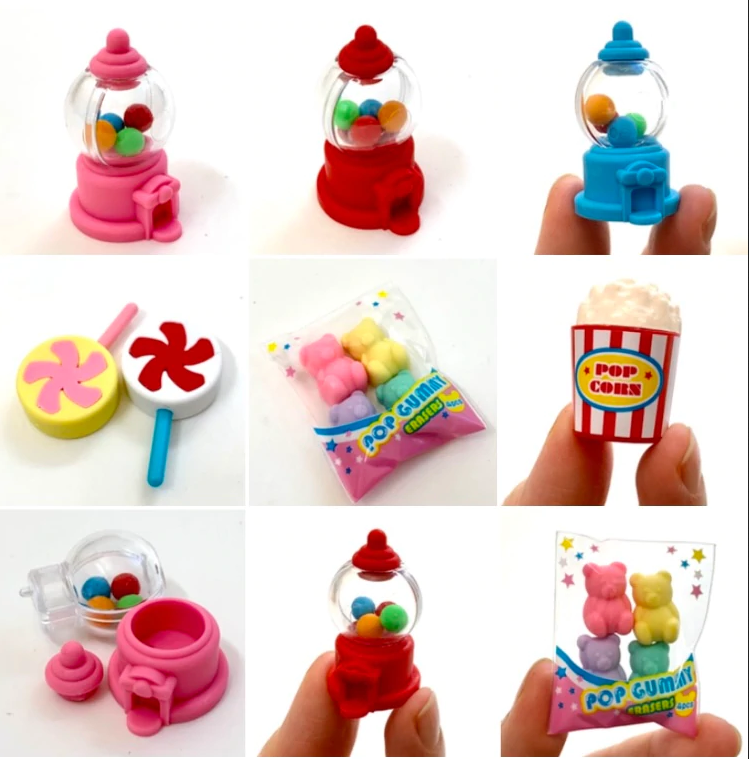 Japanese Eraser Candy featuring assorted candy-shaped erasers including gumball machines, popcorn, and gummy bears.