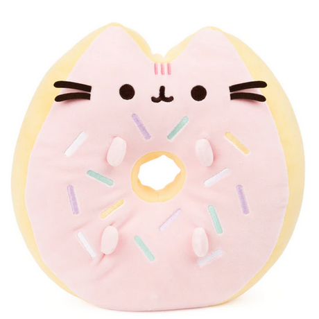 Pusheen Squisheen Donut plush toy in pastel pink with sprinkles, featuring a cute cat face and soft slow rise material.
