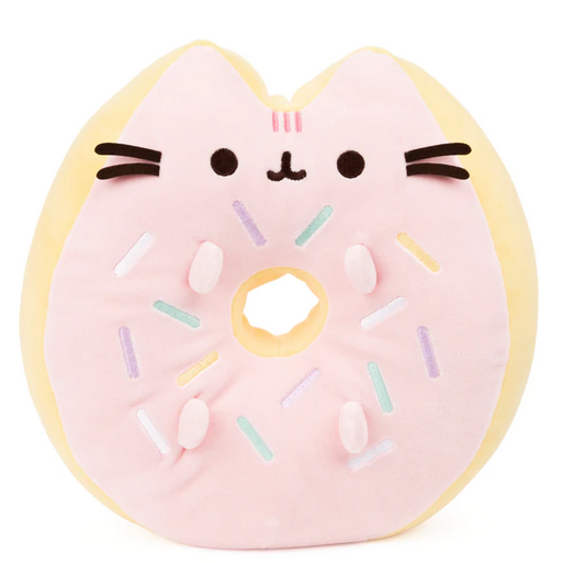 Pusheen Squisheen Donut plush toy in pastel pink with sprinkles, featuring a cute cat face and soft slow rise material.