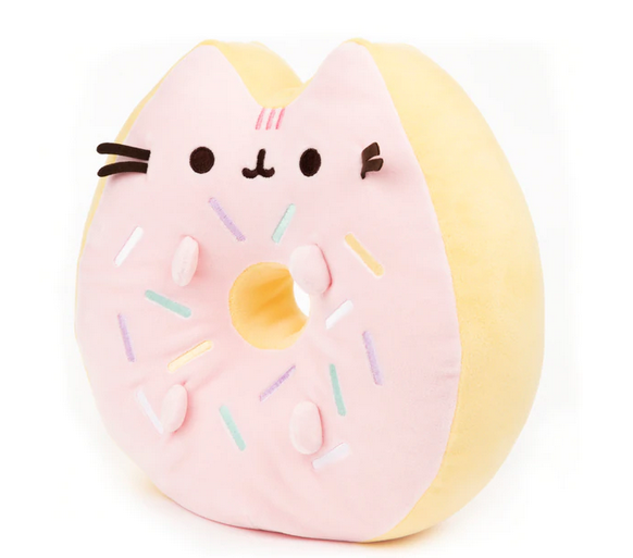 Pusheen Squisheen Donut plush toy shaped like a pink glazed donut with pastel sprinkles and cat features.