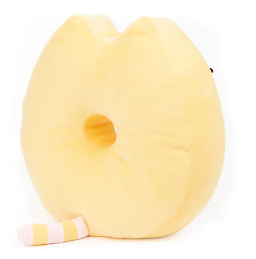 Pusheen Squisheen Donut plush showing a soft, yellow donut shape with a pink and yellow striped tail detail.