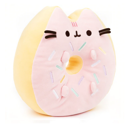 Pusheen Squisheen Donut plush with pastel pink glaze, sprinkles, and cat face, soft and squishy 12-inch toy.