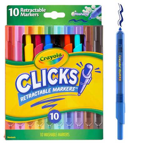 Clicks Retractable Markers pack of 10 vibrant washable markers with retractable tips for easy coloring and no lost caps.