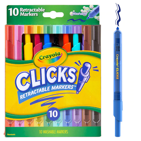 Clicks Retractable Markers pack of 10 vibrant washable markers with retractable tips for easy coloring and no lost caps.