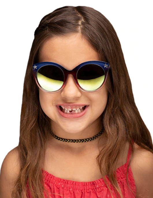 Girl wearing Arkaid Wonder Woman Sunglasses with red, white, and blue star-accented frames and reflective lenses.