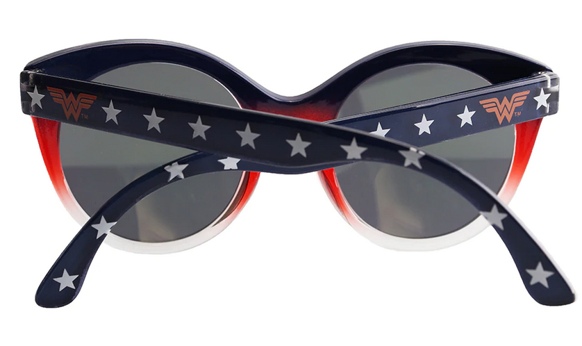 Arkaid Wonder Woman Sunglasses for kids with red, white, and blue star-decorated frames and UV400 protective lenses.