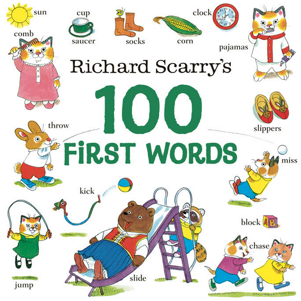 Cover of Richard Scarry's 100 First Words board book showing colorful illustrations of everyday items and characters.