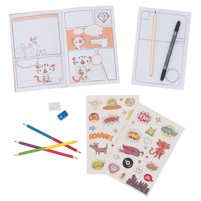 Comic Book Kit | Practice. Plan. Create. set with pencils, markers, stickers, and comic strip booklets for beginners.