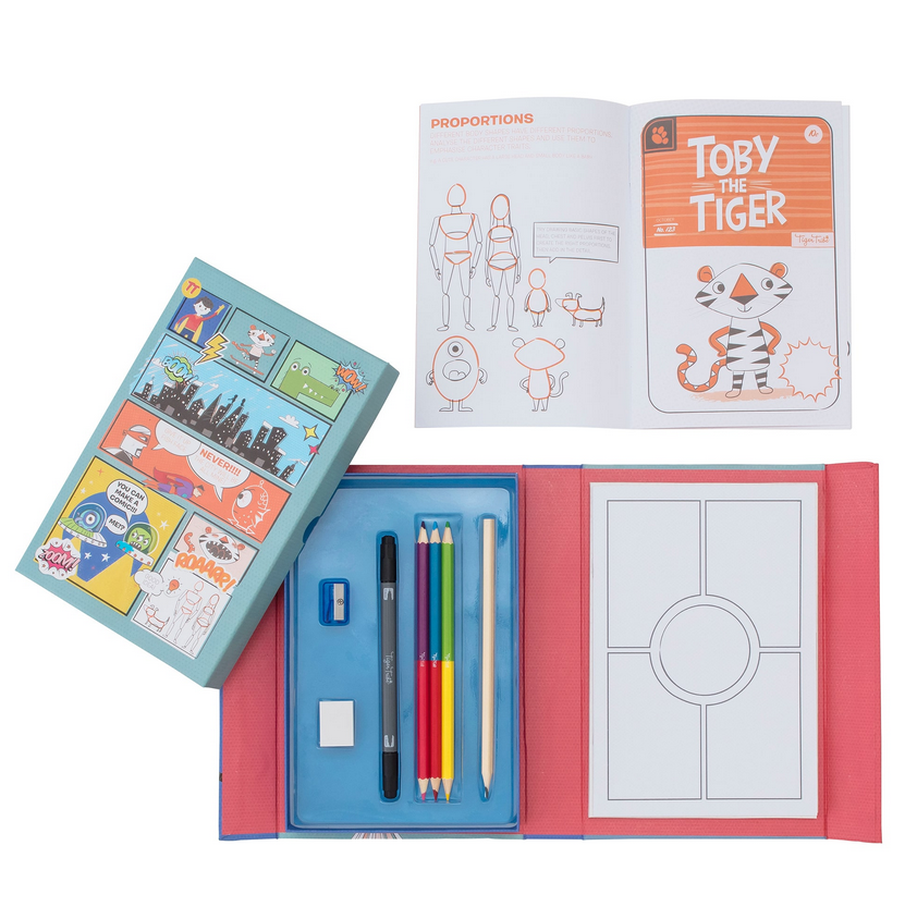 Comic Book Kit | Practice. Plan. Create. with colored pencils, duo pen, sharpener, eraser, and comic guidebook.