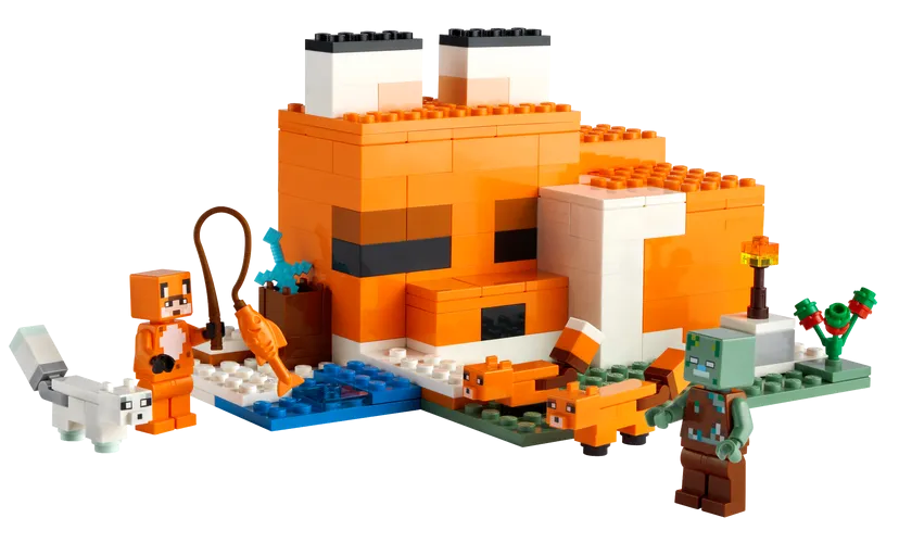 Minecraft The Fox Lodge building set with fox figures, a drowned zombie, and fishing accessories for imaginative play.