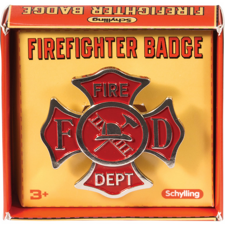 Firefighter Badge by Schylling Toys, realistic tin badge with metal clip for kids aged 3 and up, perfect for dress-up play.