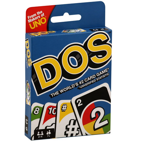DOS card game box featuring colorful number and action cards, suitable for 2 to 4 players, ages 7 and up.