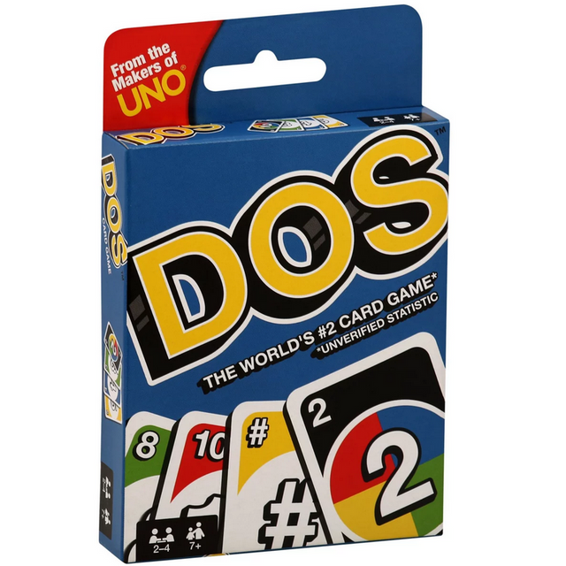 DOS card game box featuring colorful number and action cards, suitable for 2 to 4 players, ages 7 and up.