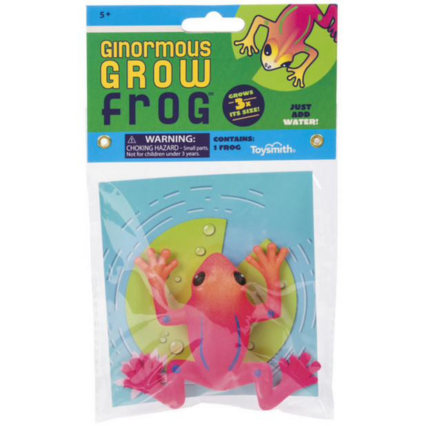 Ginormous Grow Frog toy in packaging, a colorful frog that grows three times its size after soaking in water.