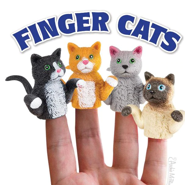 Finger Cat finger puppets in four styles worn on fingers, soft vinyl cats perfect for playful kitty shows.