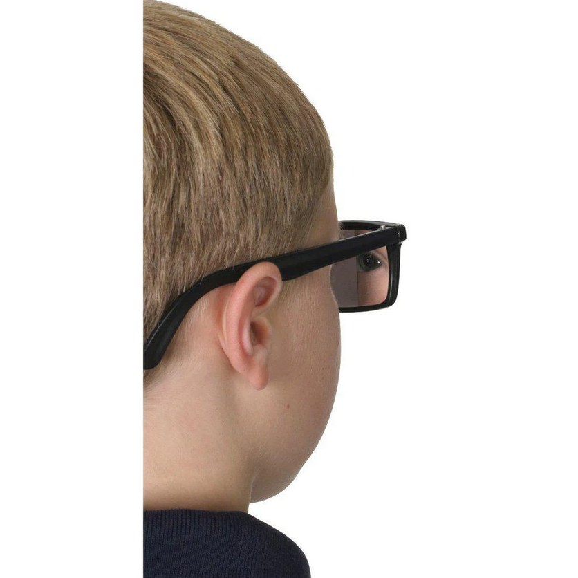 Child wearing Rearview Spy Specs with mirrored lenses to see behind without turning head.