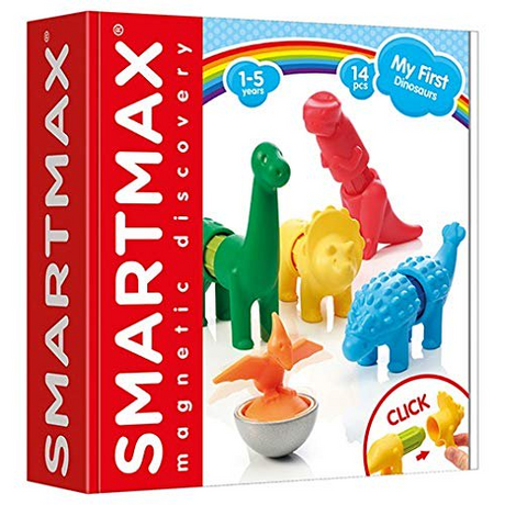 Smartmax My First Dinosaurs magnetic building set with colorful dinosaur pieces for ages 1-5, 14 pieces included.