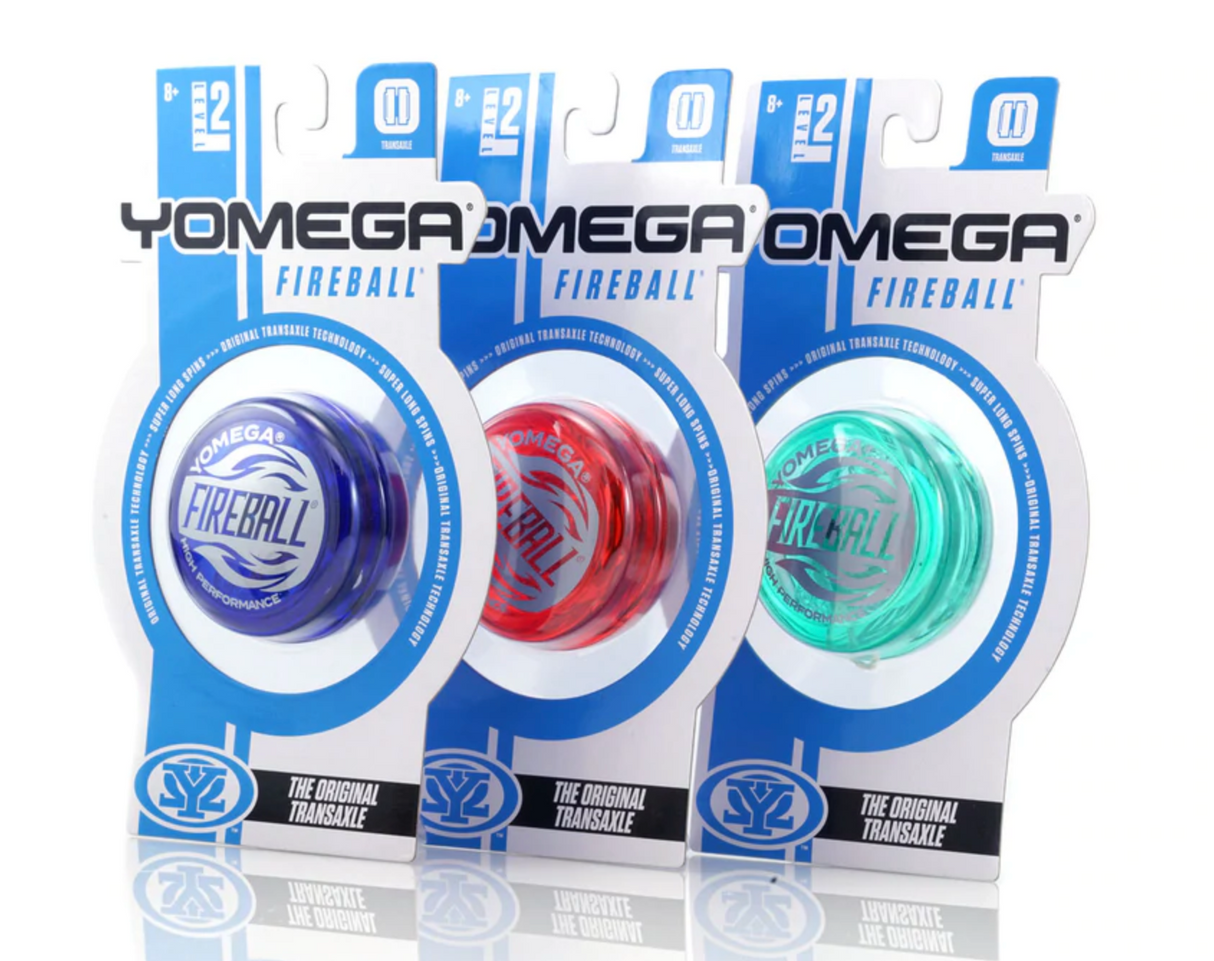 Yomega Fireball yoyo in blue, red, and green colors, designed for long spins and classic tricks.