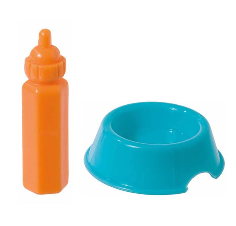 Bitty Buddy accessory set featuring an orange bottle and a blue pet food bowl for imaginative play.