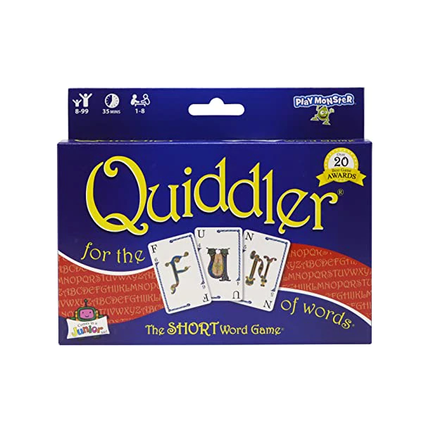 Quiddler word game box showing cards and award badge, suitable for ages 8-99, 1-8 players, fun family game