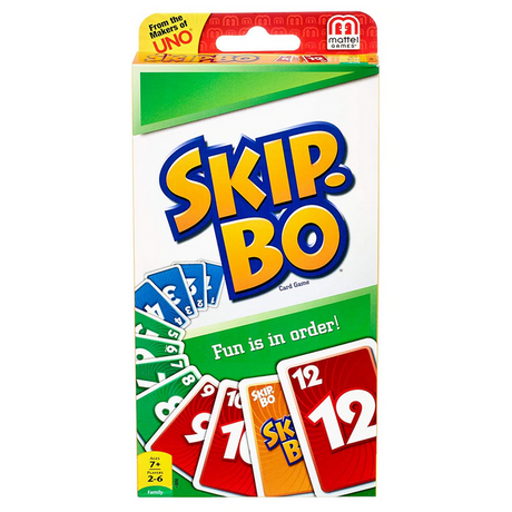 Skip-Bo card game box showing colorful numbered cards and logo for a family sequencing game by Mattel.