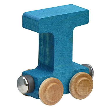 Nametrain Letter T wooden train car in blue with natural wheels for kids learning to spell and play.