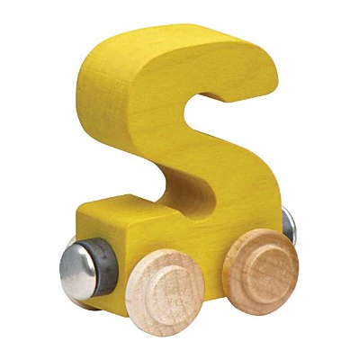 Nametrain Letter S wooden train car in yellow, sustainably made from maple, safe non-toxic finish for kids aged 3 and up.