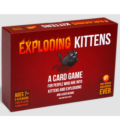 Exploding Kittens: Original Edition card game box with fiery title and angry kitten illustration for ages 7 and up.