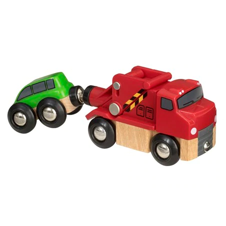 Tow Truck toy with red wooden tow truck lifting a green wooden car using magnetic coupling for kids aged 3+