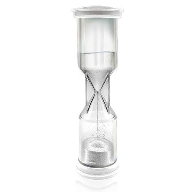 Clear 3.75-inch plastic Hourglass Timer with white sand, perfect for timing 1-minute events in classrooms or at home.