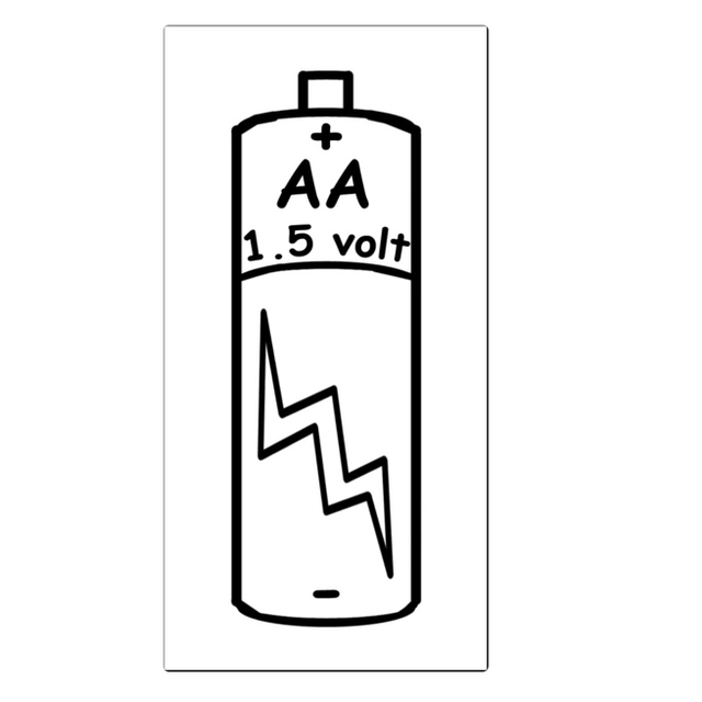 Black and white sketch of a 1.5 volt AA Battery x1 with a lightning bolt design on the body.