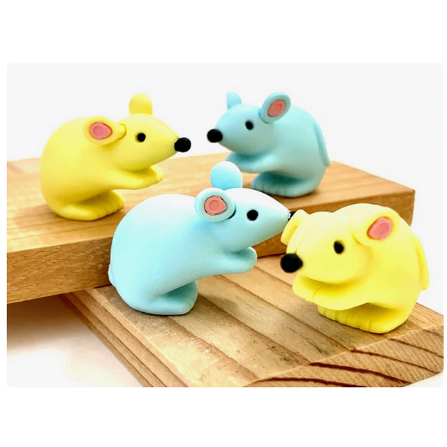 Japanese Eraser Mouse puzzle toys in assorted pastel colors, eco-friendly and handmade in Japan, perfect collectible erasers.
