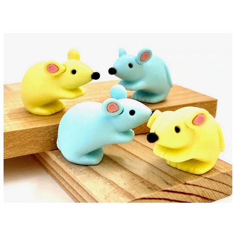 Japanese Eraser Mouse puzzle toys in assorted pastel colors, eco-friendly and handmade in Japan, perfect collectible erasers.