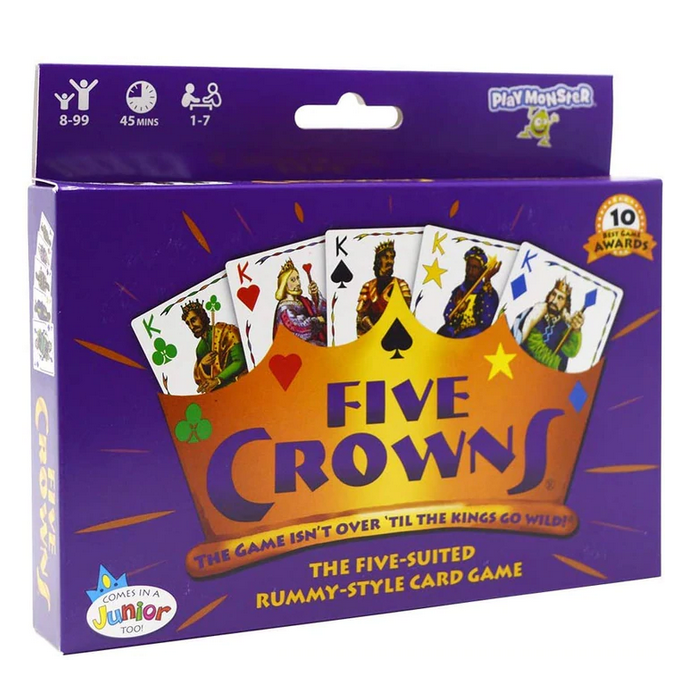 Five Crowns box showing five kings of unique suits for the five-suited rummy-style card game.
