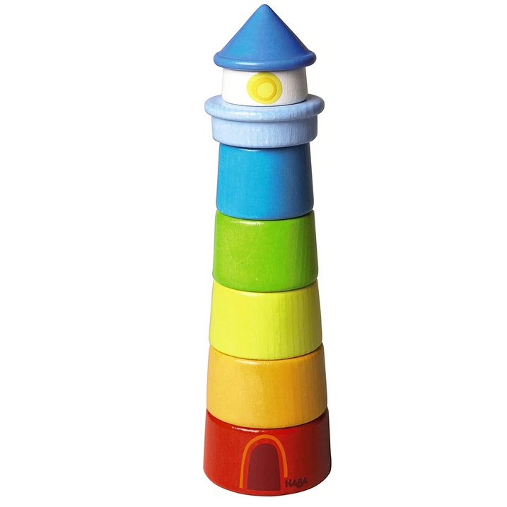 Stacking Lighthouse wooden toy with colorful stacking sections designed for motor skills and hand-eye coordination.