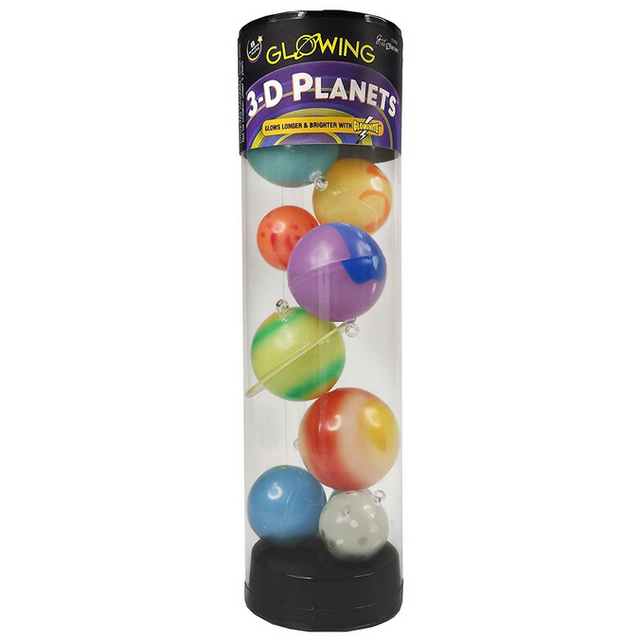 Glow Planets product featuring 3-D colorful glowing planets in a clear tube for bright room decoration.