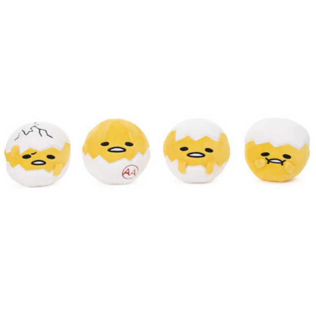 Gudetama Round Squishy plush toys in four different expressions, round and soft, perfect for ages 3 and up.