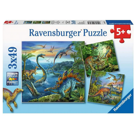 49pc Dinosaur Puzzles featuring two 49-piece dinosaur-themed puzzles for ages 5 and up by Ravensburger.