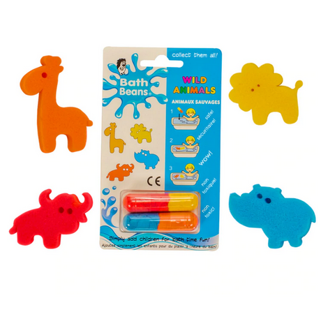 Bath Beans Wild Animals with colorful animal-shaped sponges and dissolvable capsules for bath fun.