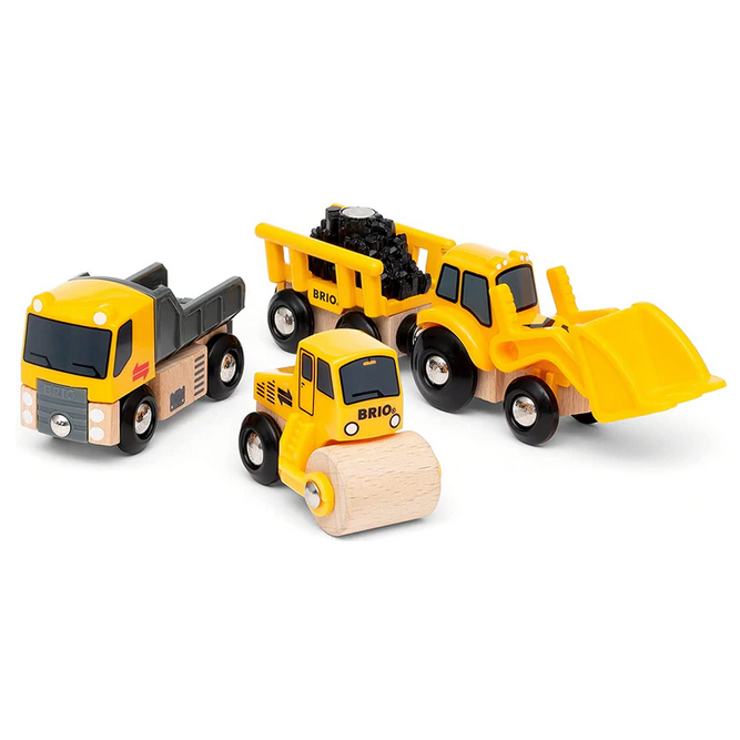 Construction Vehicles set includes wooden tipper truck, steam roller, and loader for creative construction play.