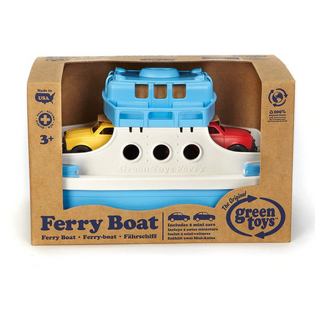 Ferry Boat toy made from recycled plastic with two mini cars, designed for imaginative water play and easy cleaning.